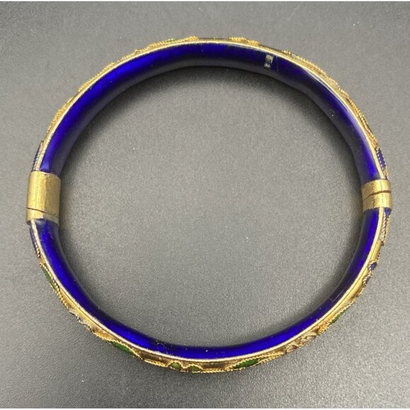 Vintage Cloisonné Bangle Bracelet Blue Gold Floral Motif Enamel Hinged 7"x1/3"w - Picture 9 of 15